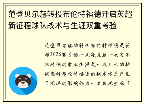 范登贝尔赫转投布伦特福德开启英超新征程球队战术与生涯双重考验
