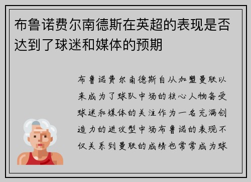 布鲁诺费尔南德斯在英超的表现是否达到了球迷和媒体的预期