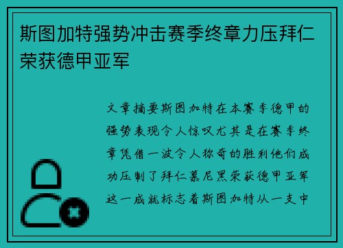 斯图加特强势冲击赛季终章力压拜仁荣获德甲亚军